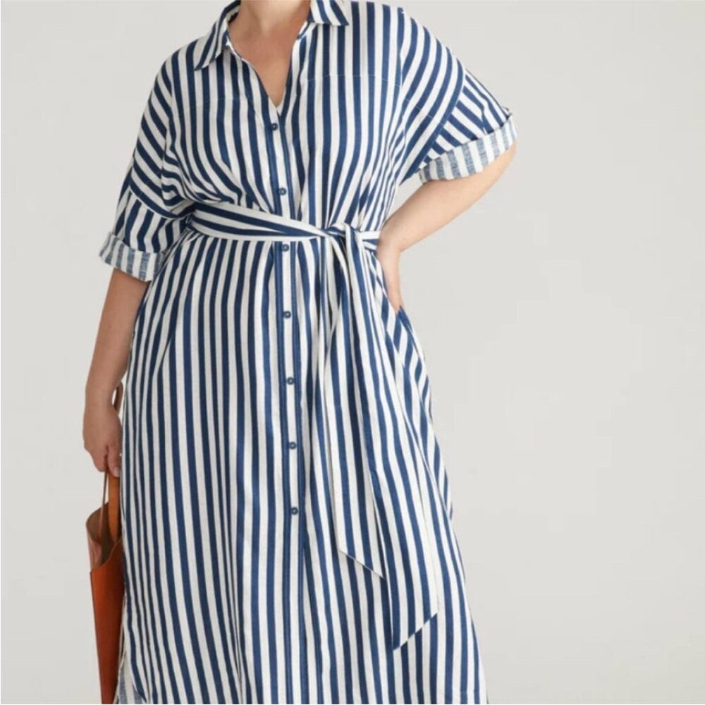 Universal Standard Navy and White Striped Plaza Linen Shirtdress